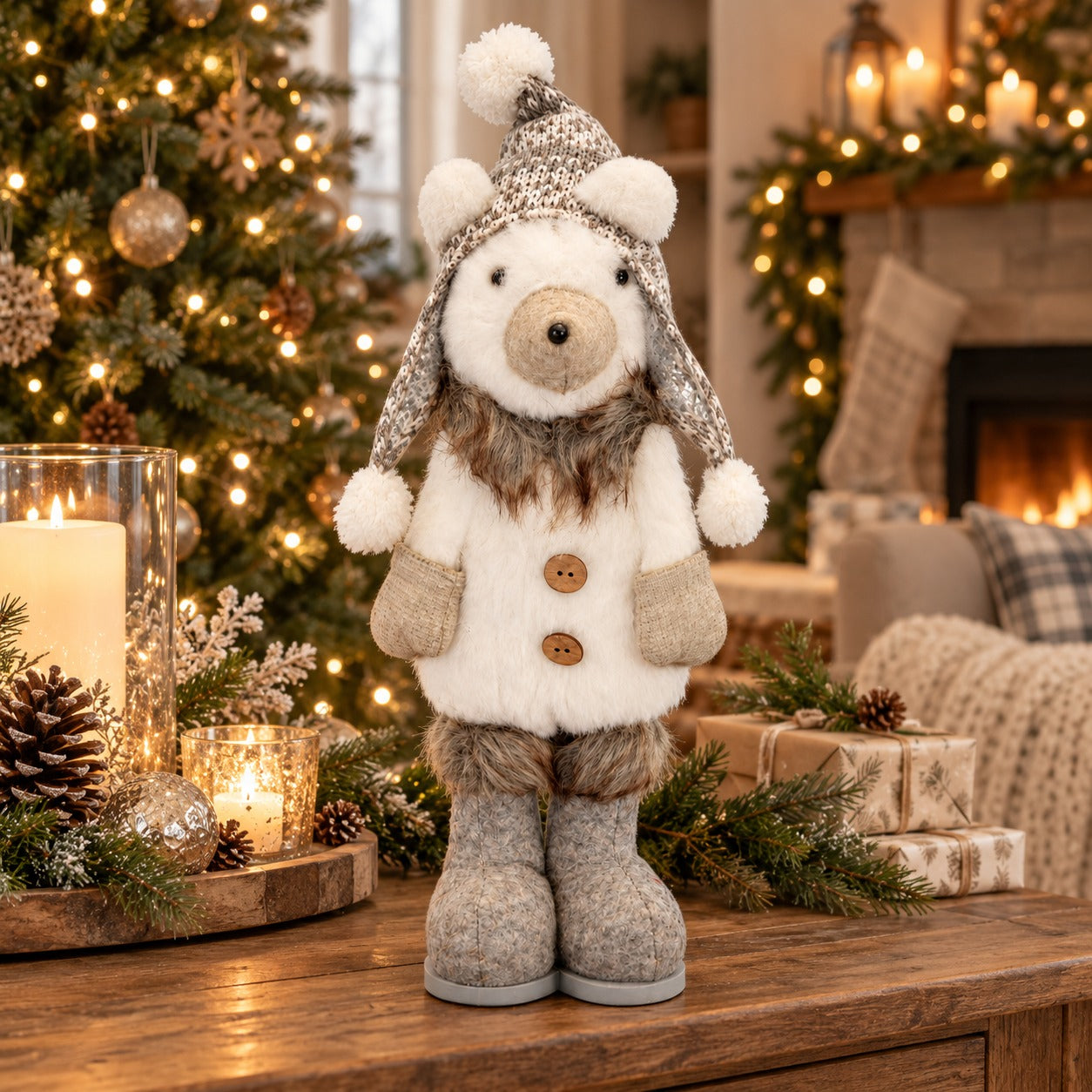 Winter Bear Christmas Decoration – White & Grey, 37 cm